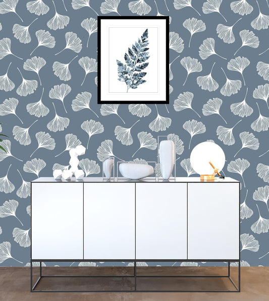 Ginkgo Wallpaper Peel and Stick, Blue and White Wallpaper, Leaf Wallpaper, Removable Wall Paper