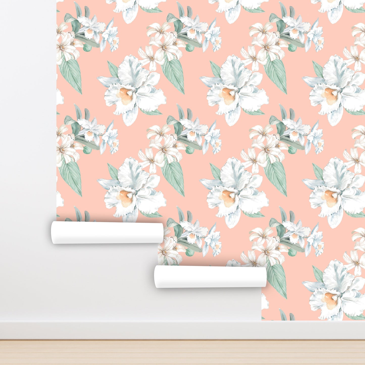 Orchid Wallpaper Peel and Stick, Peach Floral Wallpaper, Tropical Wallpaper, Removable Wall Paper