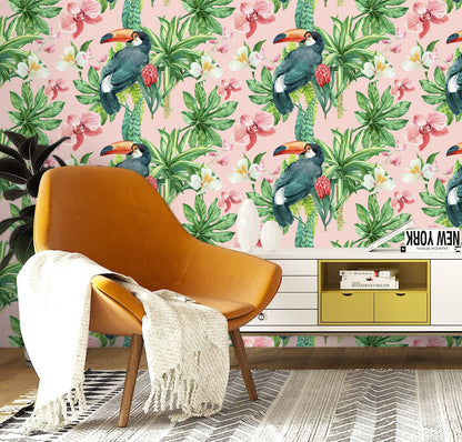 Parrot Wallpaper, Tropical Wallpaper Peel and Stick, Orchid Wallpaper, Green Leaf Wallpaper, Removable Wall Paper