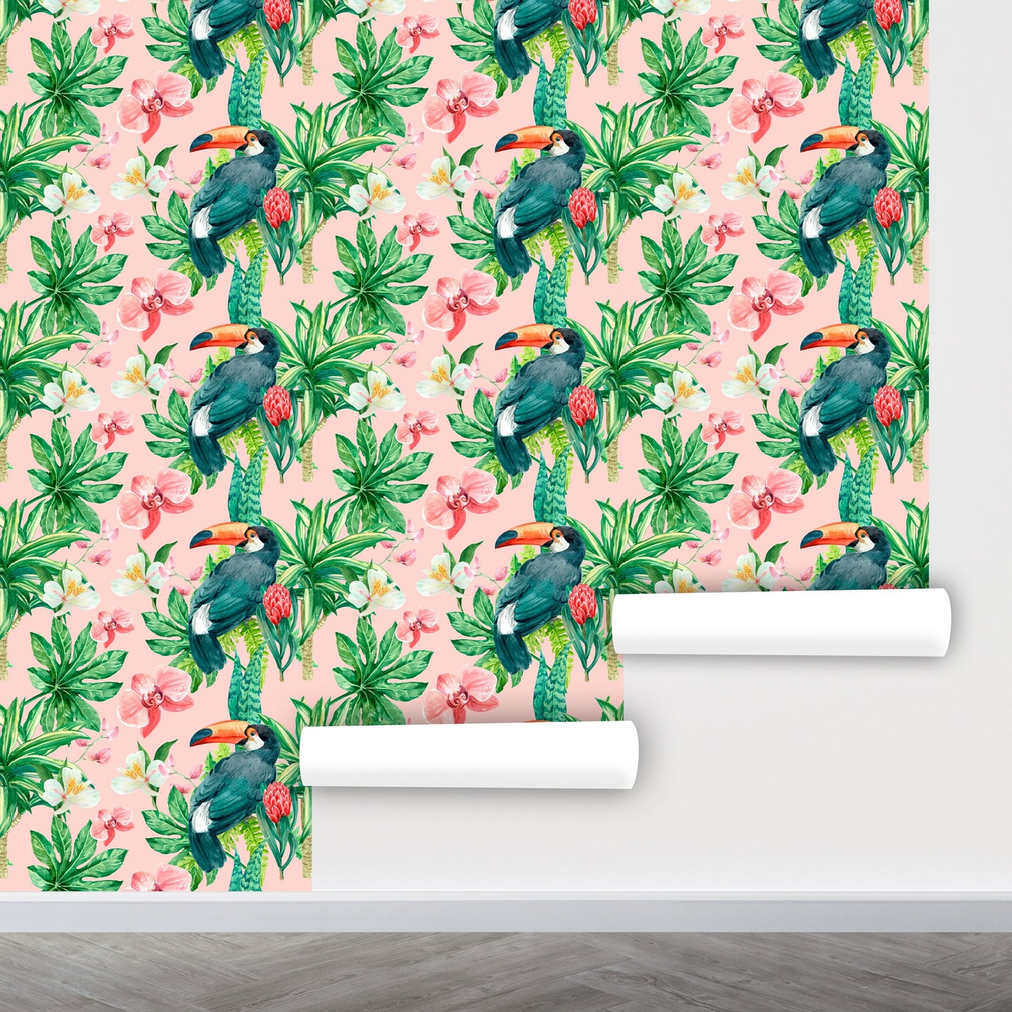 Parrot Wallpaper, Tropical Wallpaper Peel and Stick, Orchid Wallpaper, Green Leaf Wallpaper, Removable Wall Paper