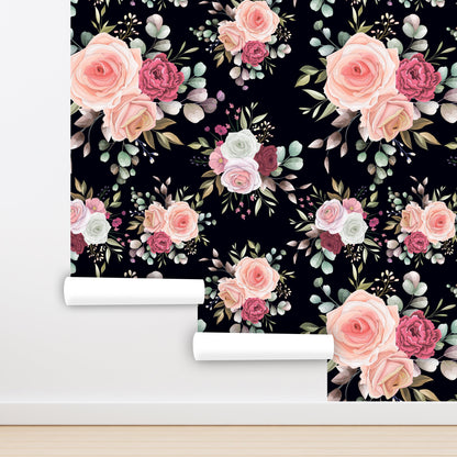 Dark Floral Wallpaper Peel and Stick, Pink Rose Wallpaper, Removable Wall Paper