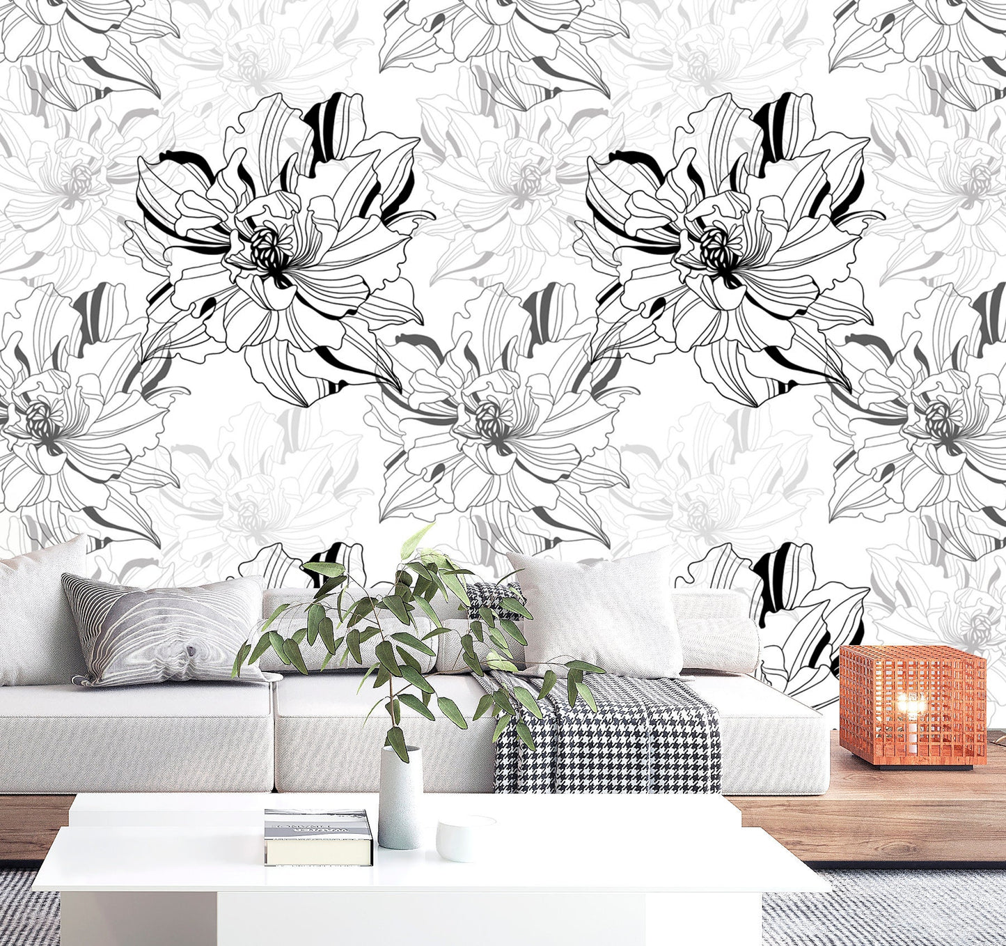 Black and White Peony Wallpaper Peel and Stick, Large Flowers Wallpaper, Removable Wall Paper