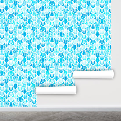 Scallop Wallpaper Peel and Stick, Blue Watercolor Wallpaper, Removable Wall Paper