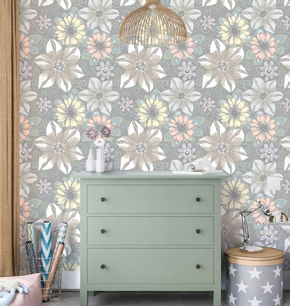 Gray Floral Wallpaper Peel and Stick, Whimsical Wallpaper, Botanical Wallpaper, Removable Wall Paper