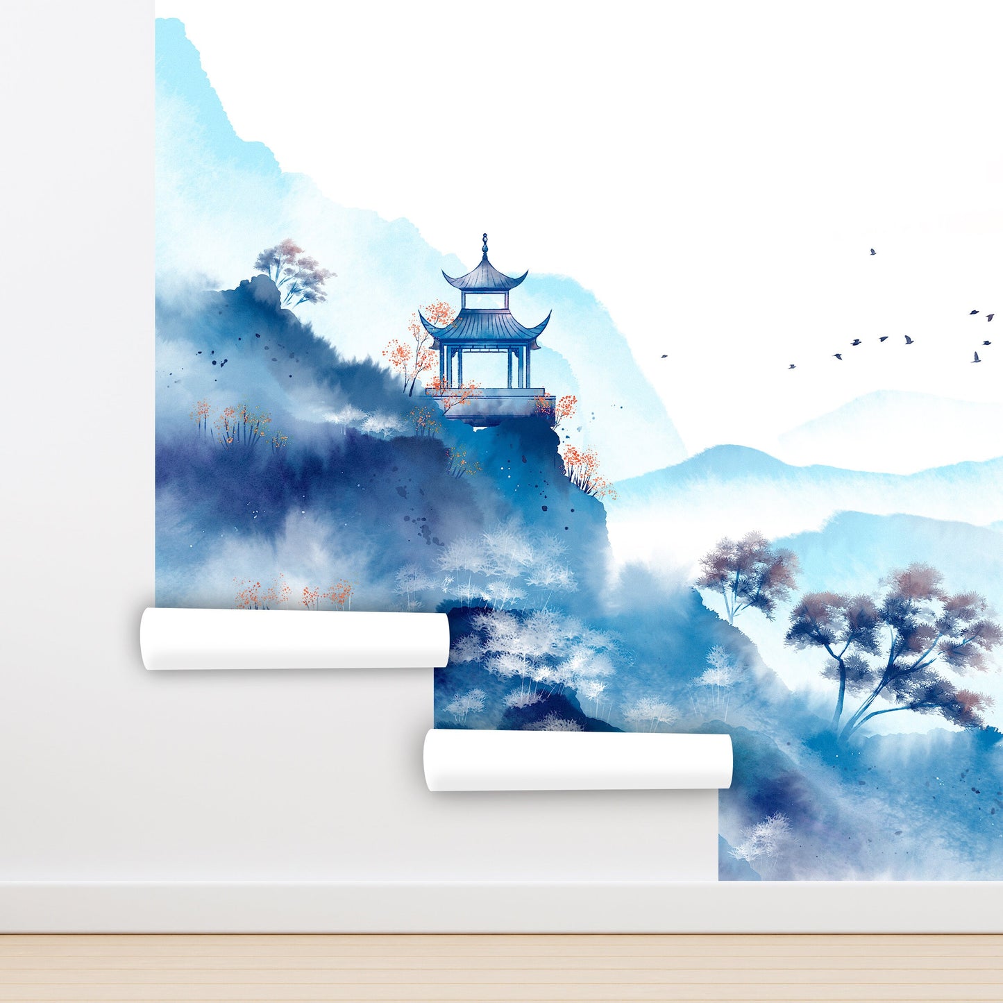 Japanese Wallpaper Peel and Stick, Watercolor Landscape Wallpaper, Oriental Wallpaper, Removable Wall Paper