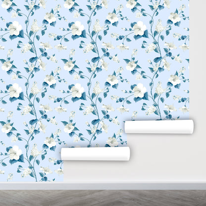 Blue Floral Wallpaper Peel and Stick, Nursery Wallpaper, Removable Wall Paper