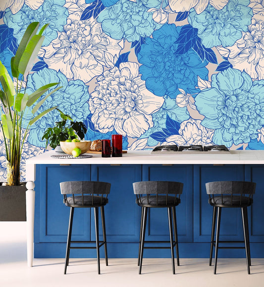 Blue Floral Wallpaper Peel and Stick, Big Flower Wallpaper, Peony Wallpaper, Removable Wall Paper
