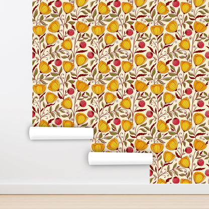 Yellow Floral Wallpaper Peel and Stick, Raspberry Wallpaper, Removable Wall Paper