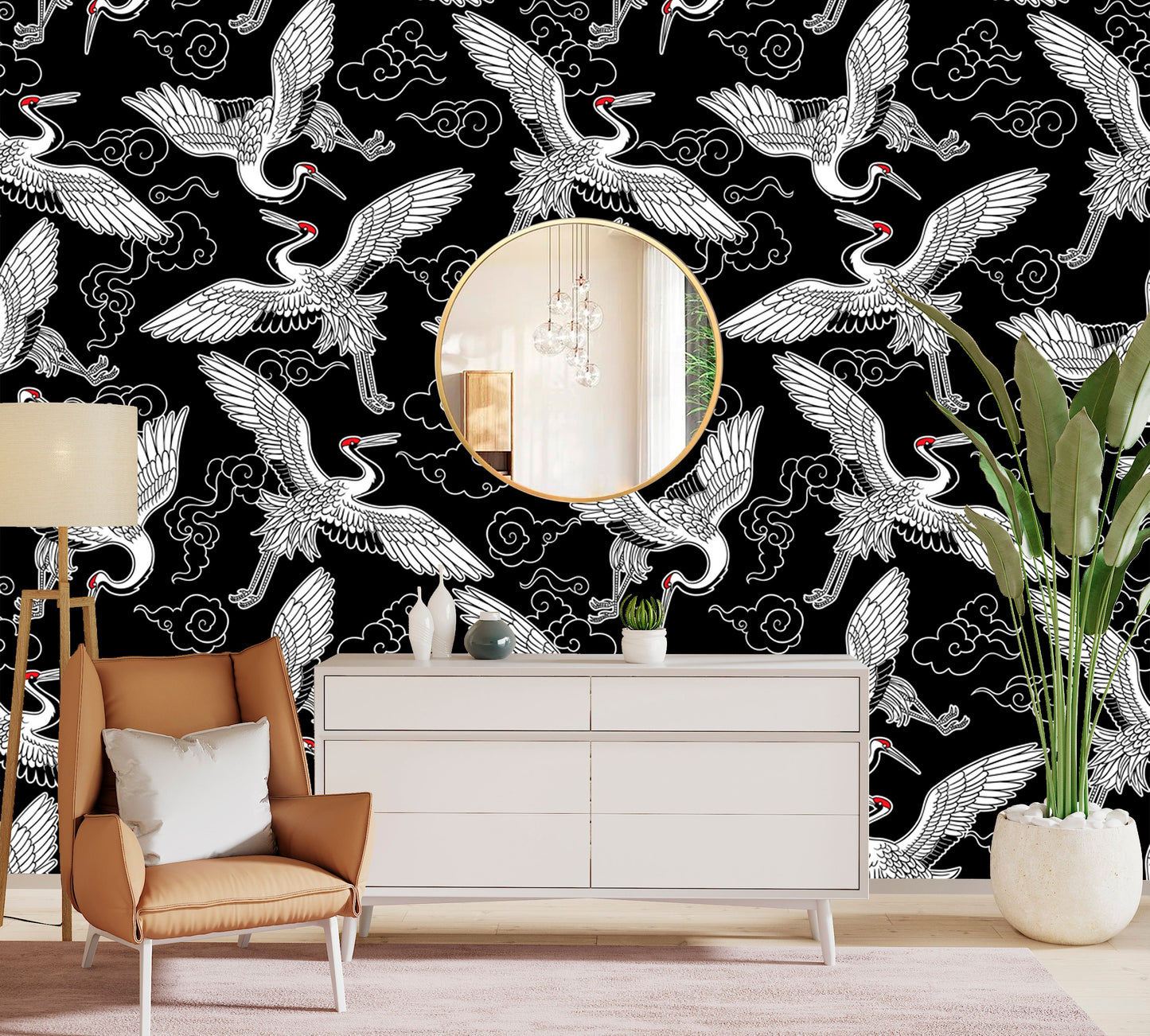 Crane Wallpaper Peel and Stick, Japanese Wallpaper, Oriental Removable Wall Paper