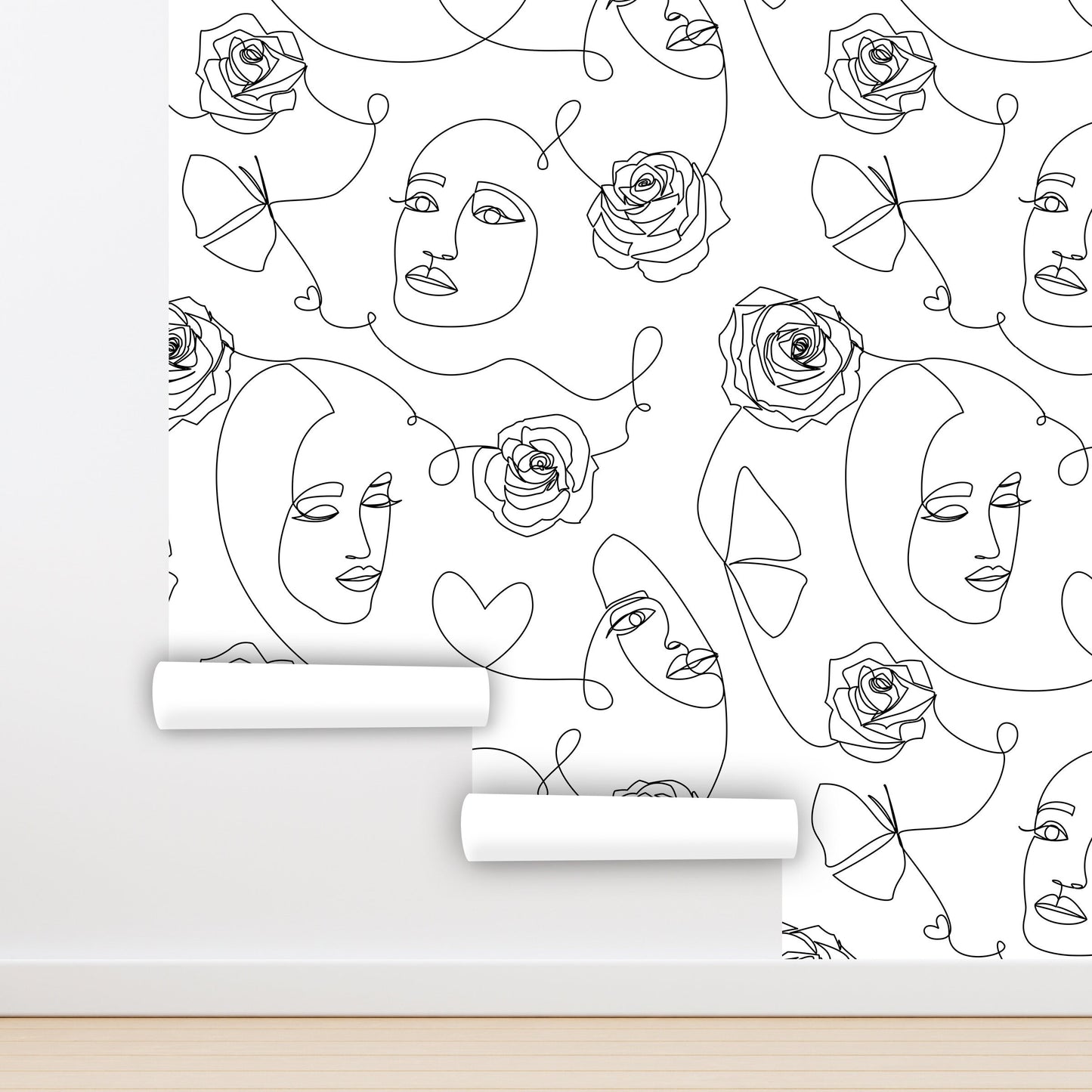 Faces Wallpaper Peel and Stick Wallpaper Black and White, Line Art Wallpaper, Removable Wall Paper