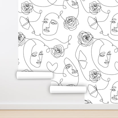 Faces Wallpaper Peel and Stick Wallpaper Black and White, Line Art Wallpaper, Removable Wall Paper