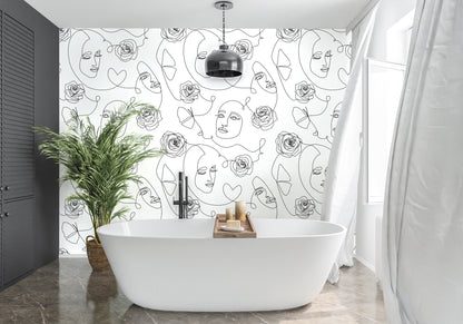 Faces Wallpaper Peel and Stick Wallpaper Black and White, Line Art Wallpaper, Removable Wall Paper