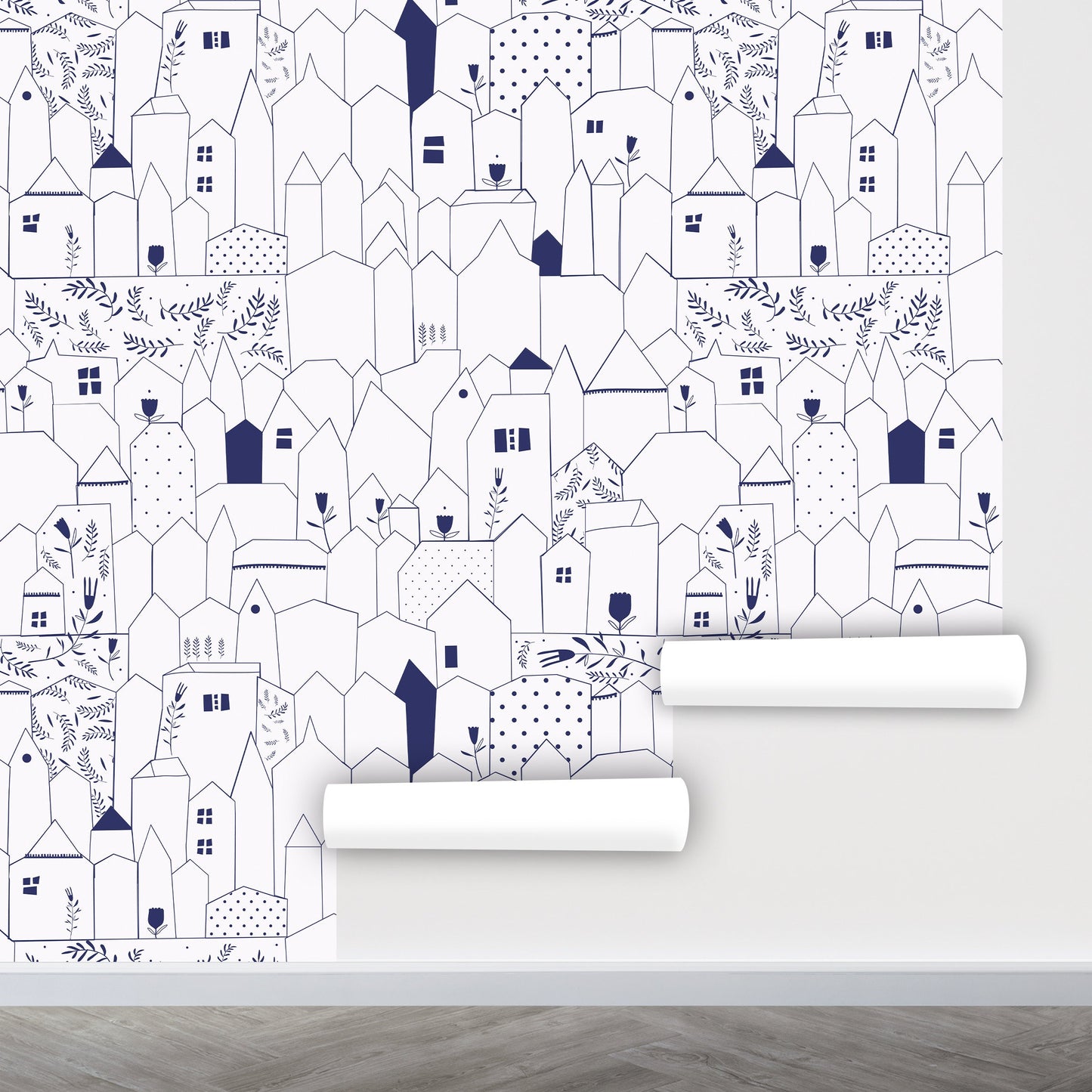 City Wallpaper Peel and Stick, Hand Drawn Wallpaper, Blue White Wallpaper, Removable Wall Paper