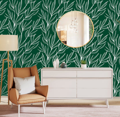 Emerald Wallpaper Peel and Stick, Green Leaf Wallpaper, Removable Wall Paper