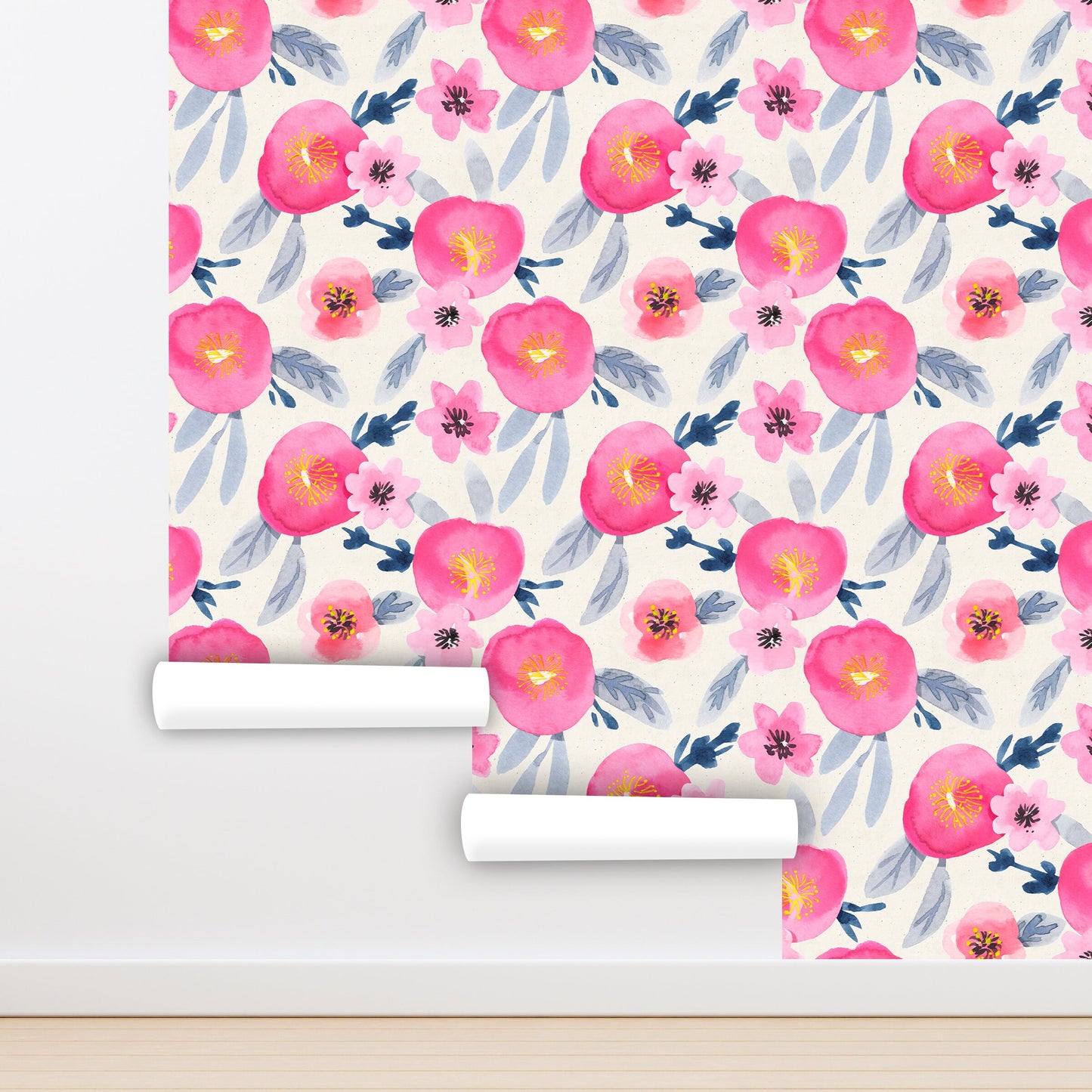 Watercolor Floral Wallpaper Peel and Stick, Pink Roses Wallpaper, Removable Wall Paper