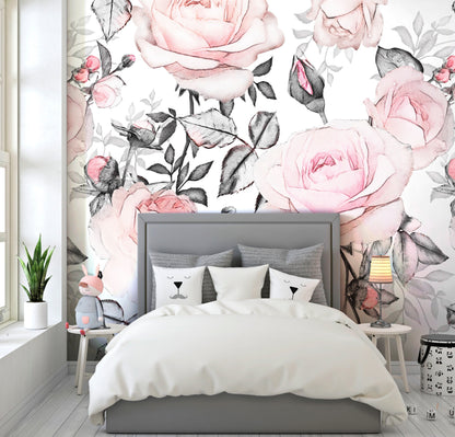 Pink Roses Wallpaper Peel and Stick, Watercolor Floral Wallpaper, Big Flower Wallpaper, Removable Wall Paper