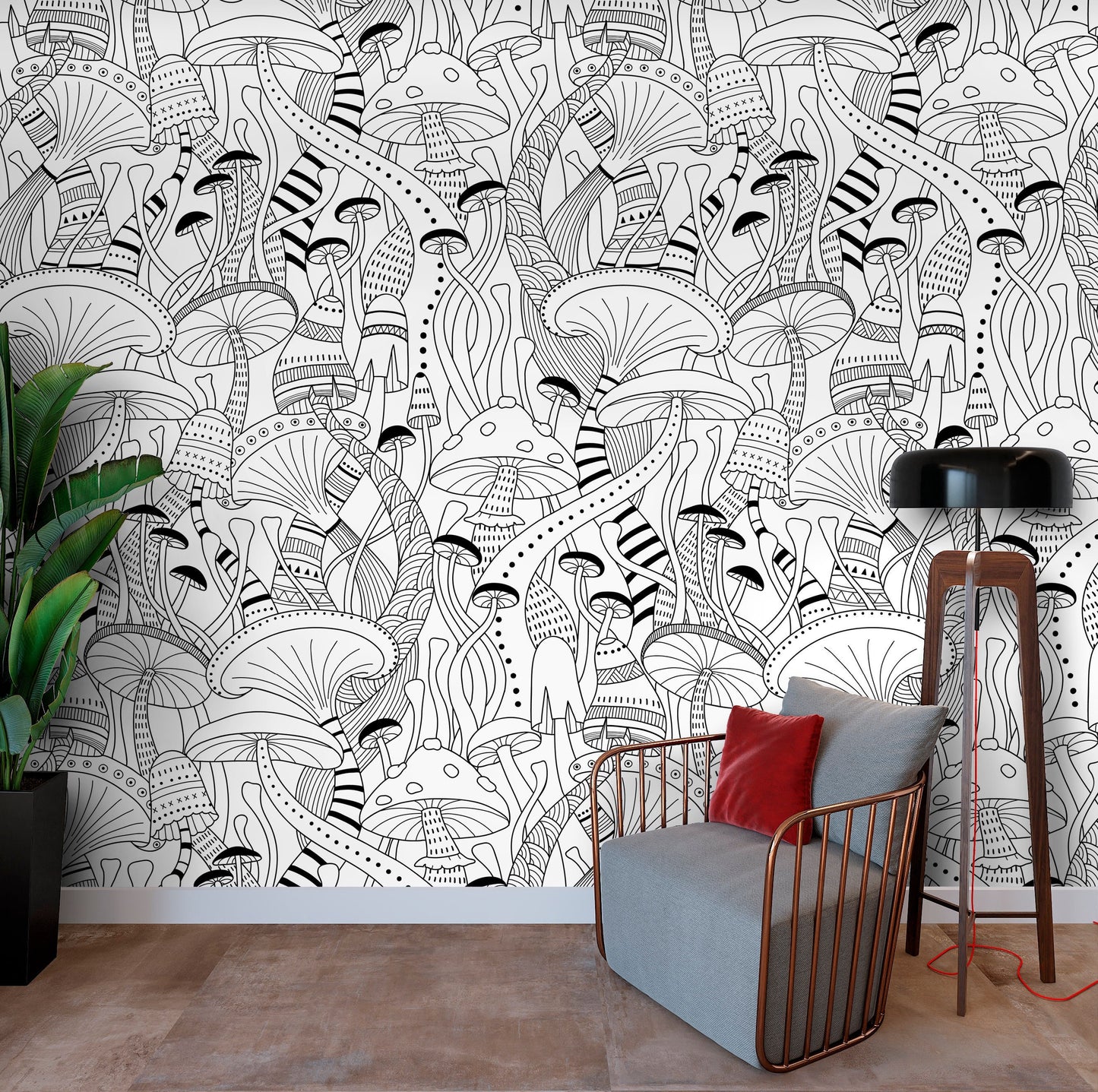 Mushroom Wallpaper Peel and Stick, Black and White Wallpaper, Removable Wall Paper