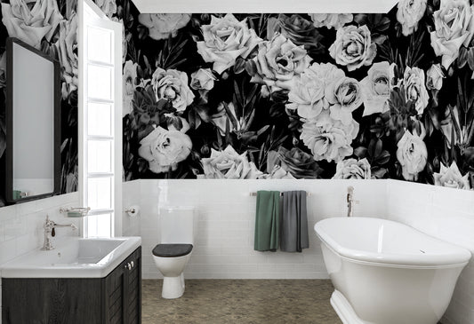 Black and White Rose Wallpaper Peel and Stick, Big Flower Wallpaper, Removable Wall Paper
