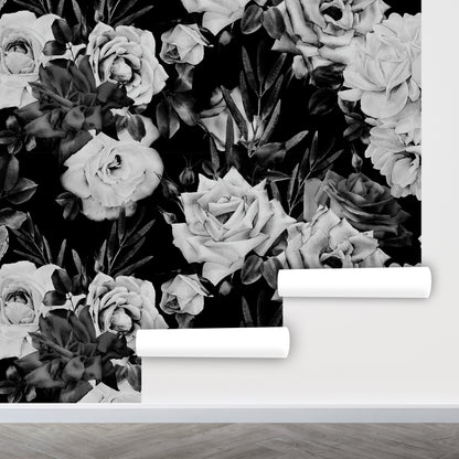 Black and White Rose Wallpaper Peel and Stick, Big Flower Wallpaper, Removable Wall Paper