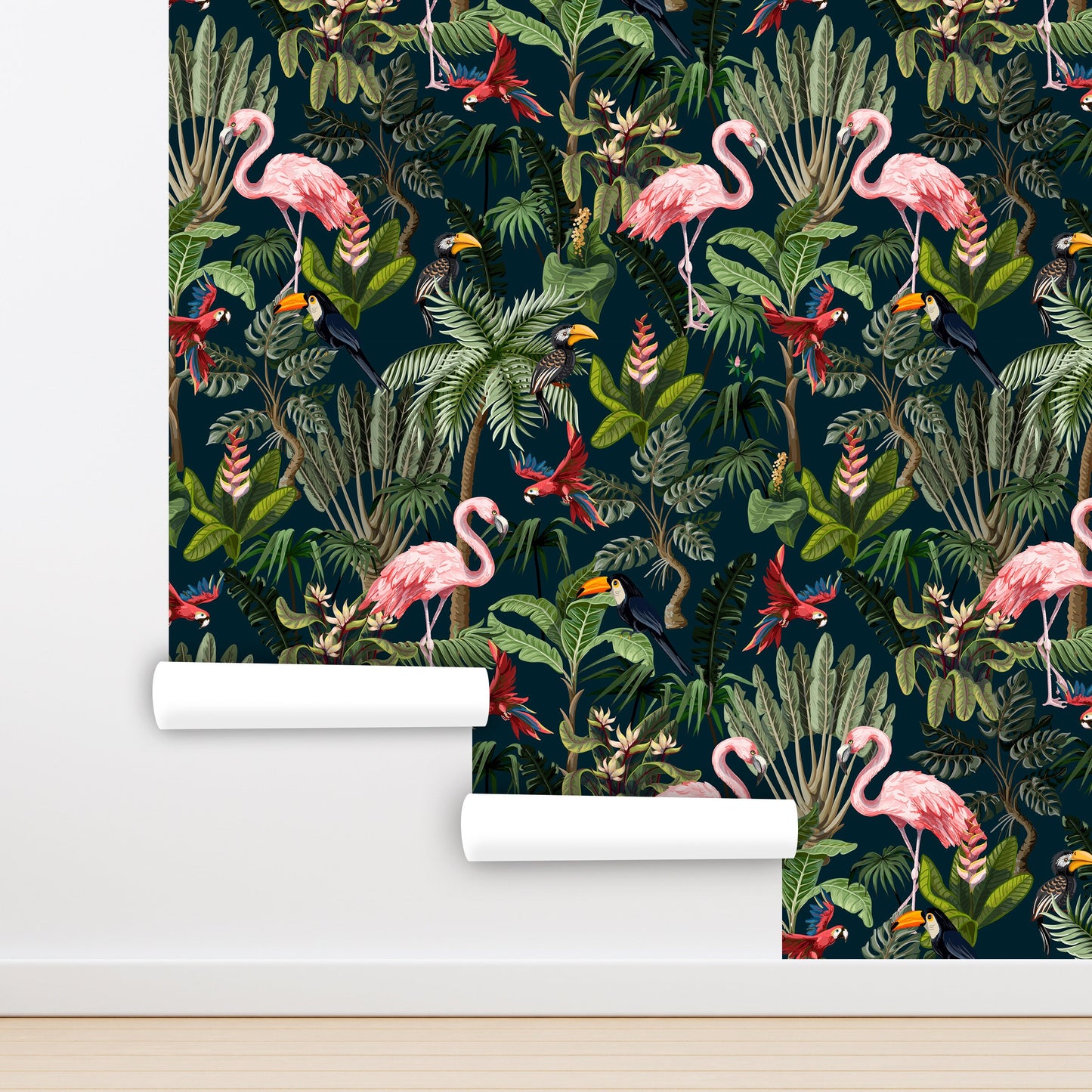 Flamingo Wallpaper Peel and Stick, Parrot Wallpaper, Palm Wallpaper, Tropical Wallpaper, Removable Wall Paper