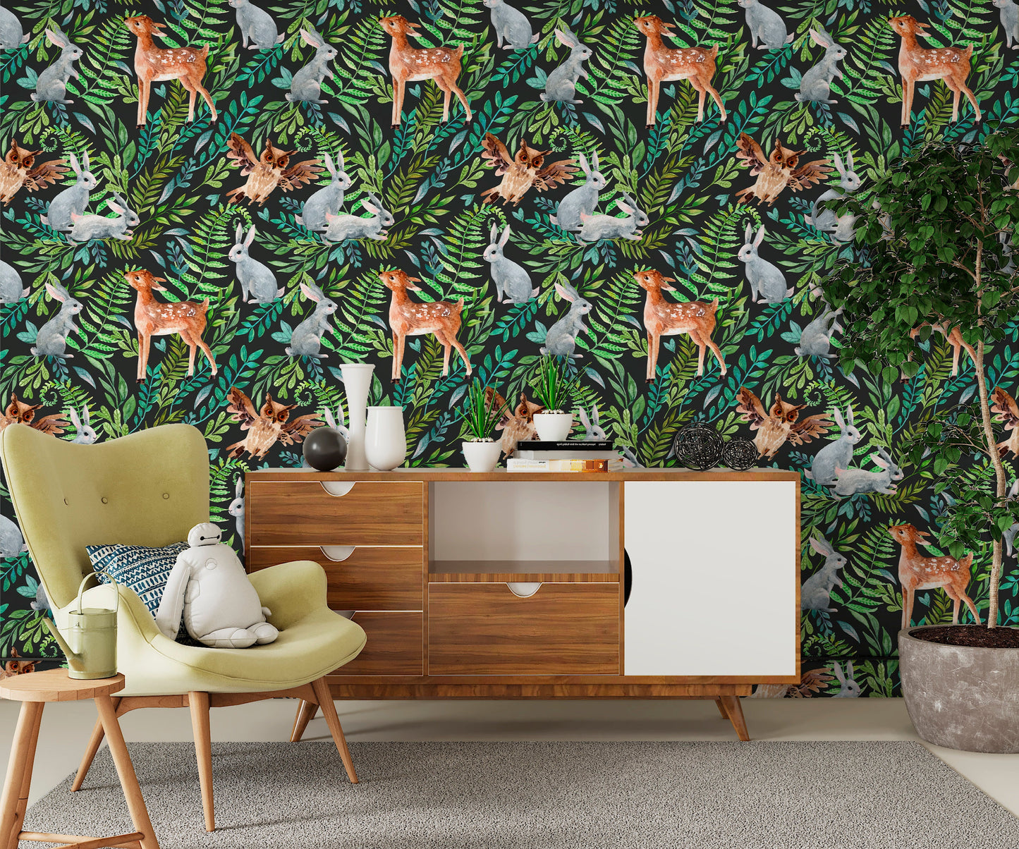 Forest Animal Wallpaper Peel and Stick, Woodland Wallpaper, Dark Rabbit Wallpaper, Owl Wallpaper, Removable Wall Paper