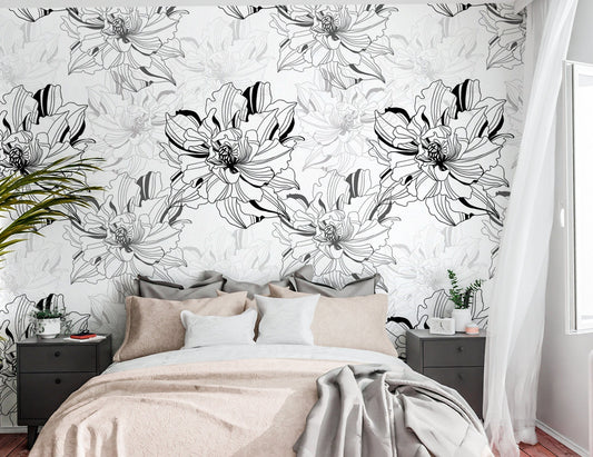 Black and White Peony Wallpaper Peel and Stick, Large Flowers Wallpaper, Removable Wall Paper