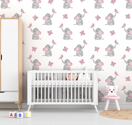 Baby Elephant Wallpaper Peel and Stick, Nursery Wallpaper, Removable Wall Paper