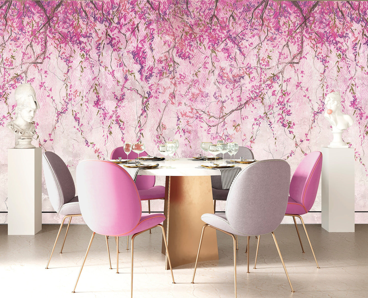 Sakura Wallpaper Peel and Stick, Pink Floral Wallpaper, Concrete Wallpaper, Modern Wallpaper, Removable Wall Paper