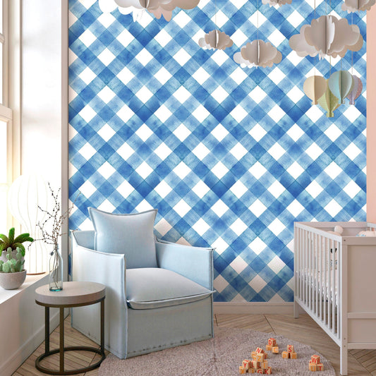Blue Plaid Wallpaper Peel and Stick, Blue Checkered Wallpaper, Gingham Wallpaper, Removable Wall Paper