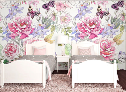 Big Flower Wallpaper Peel and Stick, Butterfly Wallpaper, Girls Room Wallpaper, Removable Wall Paper