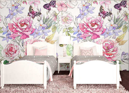 Big Flower Wallpaper Peel and Stick, Butterfly Wallpaper, Girls Room Wallpaper, Removable Wall Paper