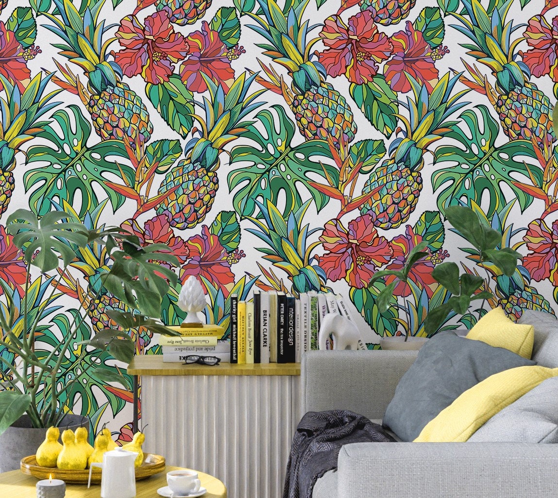 Pineapple Wallpaper Peel and Stick, Monstera Wallpaper, Tropical Wallpaper, Removable Wall Paper