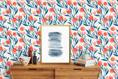 Red Tulips Wallpaper Peel and Stick, Blue Leaves Wallpaper, Removable Wall Paper