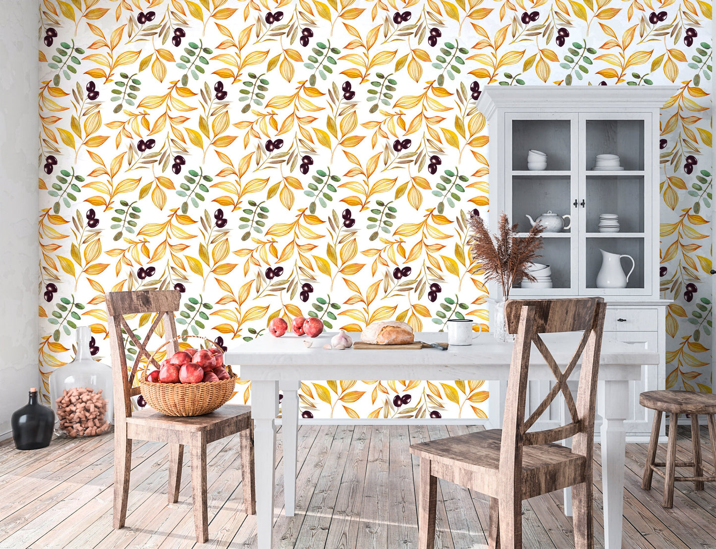 Olive Wallpaper Peel and Stick, Yellow Wallpaper, Botanical Wallpaper, Removable Wall Paper