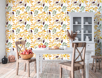 Olive Wallpaper Peel and Stick, Yellow Wallpaper, Botanical Wallpaper, Removable Wall Paper