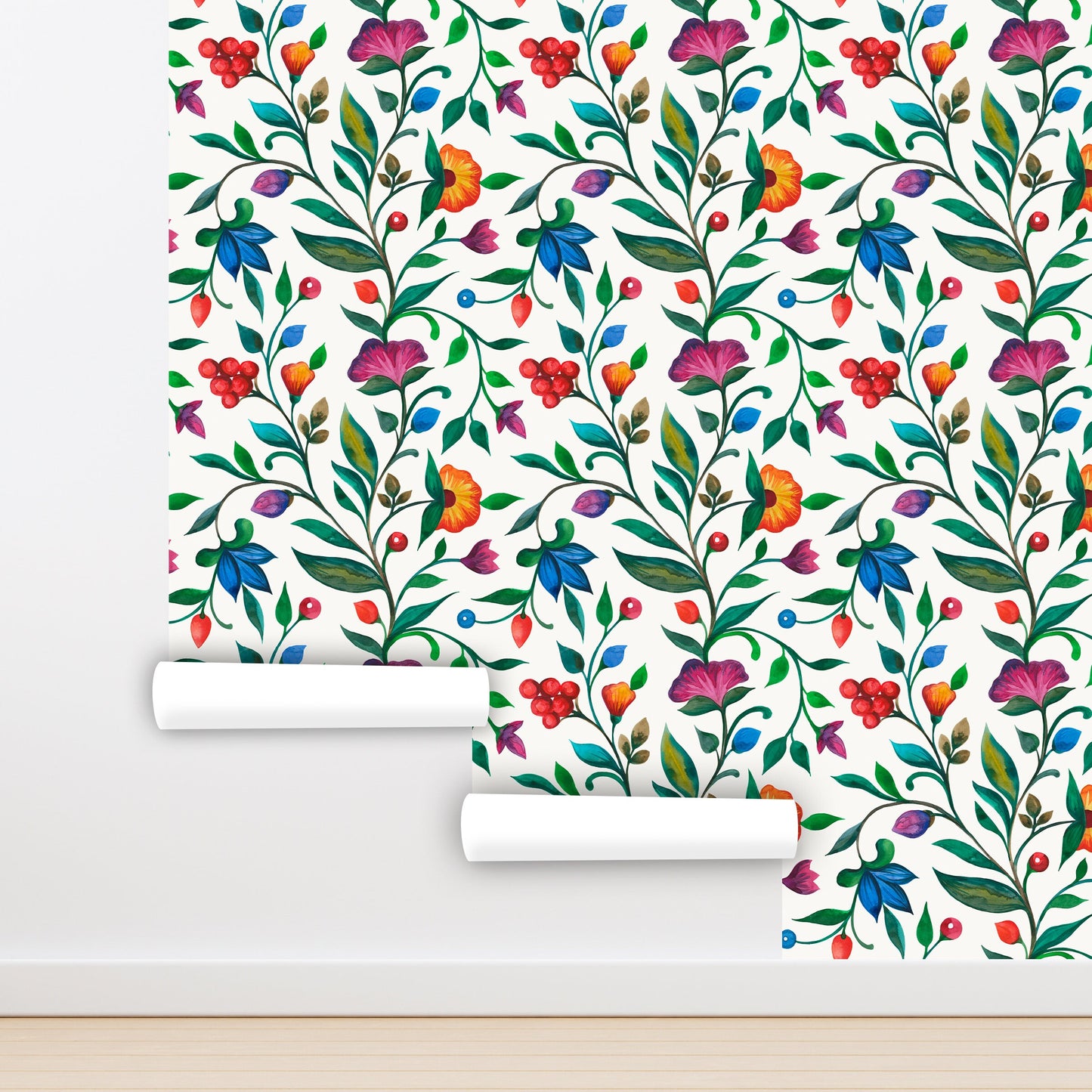 Hand Drawn Floral Wallpaper Peel and Stick, Flowers and Berries Wallpaper, Removable Wall Paper