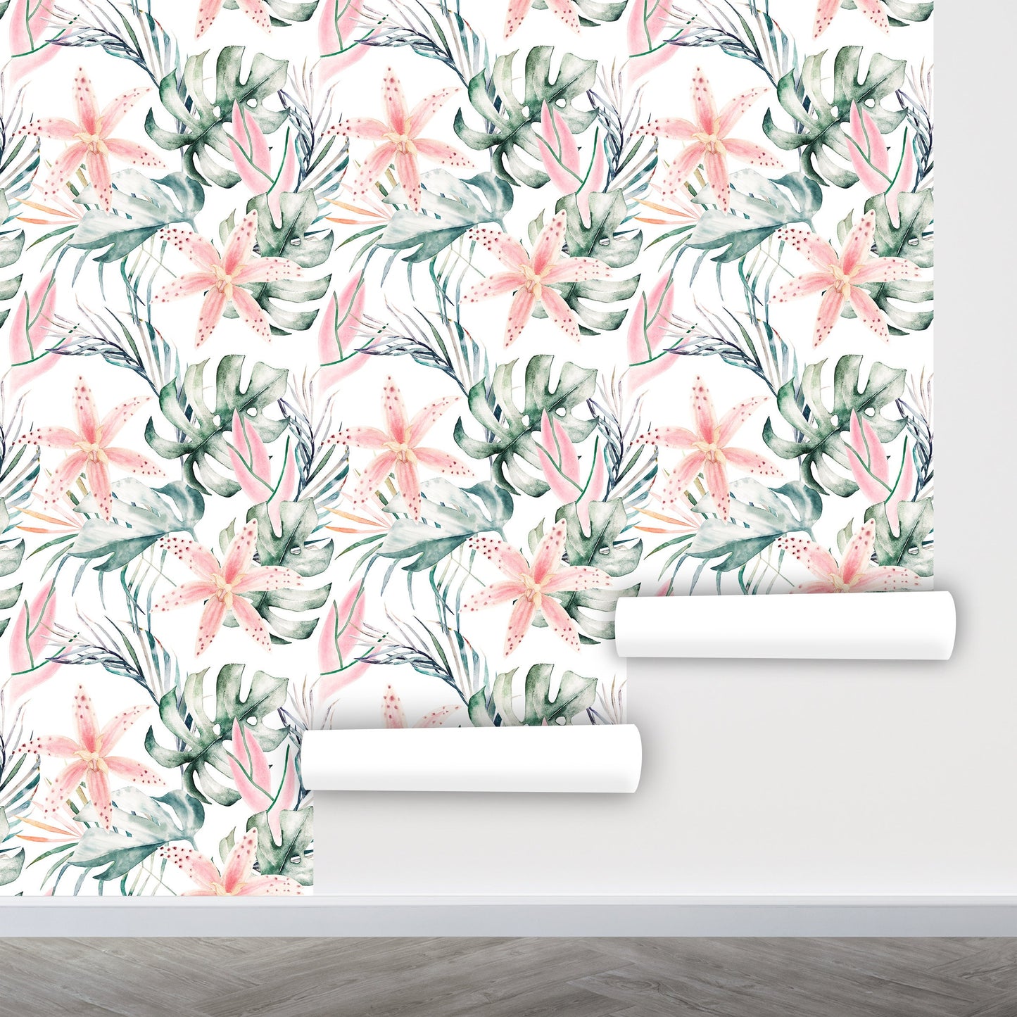 Soft Palm Wallpaper Peel and Stick, Watercolor Wallpaper, Blush Flowers Wallpaper, Tropical Wallpaper, Removable Wall Paper