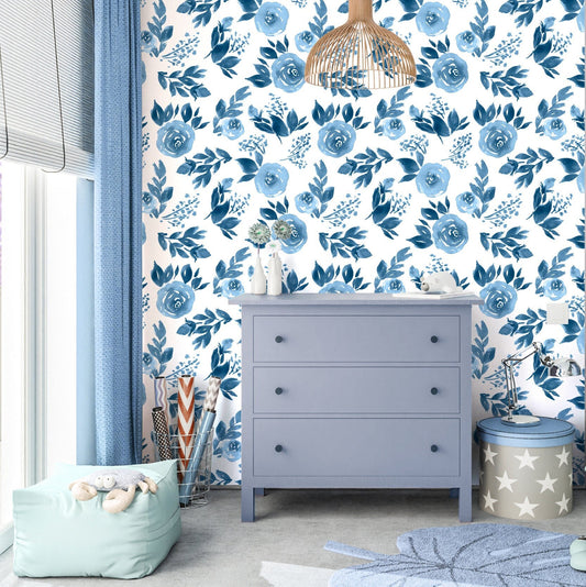 Blue Floral Wallpaper Peel and Stick, Watercolor Wallpaper Nursery, Removable Wall Paper