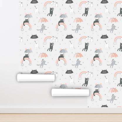 Umbrella Wallpaper Peel and Stick, Cat Wallpaper, Kids Room Wallpaper, Removable Wall Paper