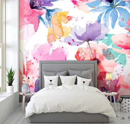 Colorful Wallpaper Peel and Stick, Watercolor Floral Wallpaper, Big Flowers Wallpaper, Removable Wall Paper