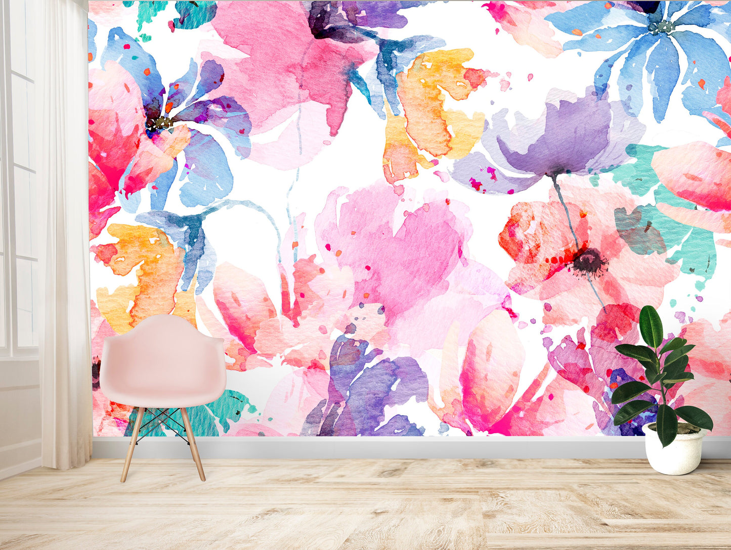 Colorful Wallpaper Peel and Stick, Watercolor Floral Wallpaper, Big Flowers Wallpaper, Removable Wall Paper