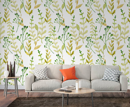 Green Leaf Wallpaper Peel and Stick, Botanical Wallpaper, Watercolor Wallpaper, Removable Wall Paper