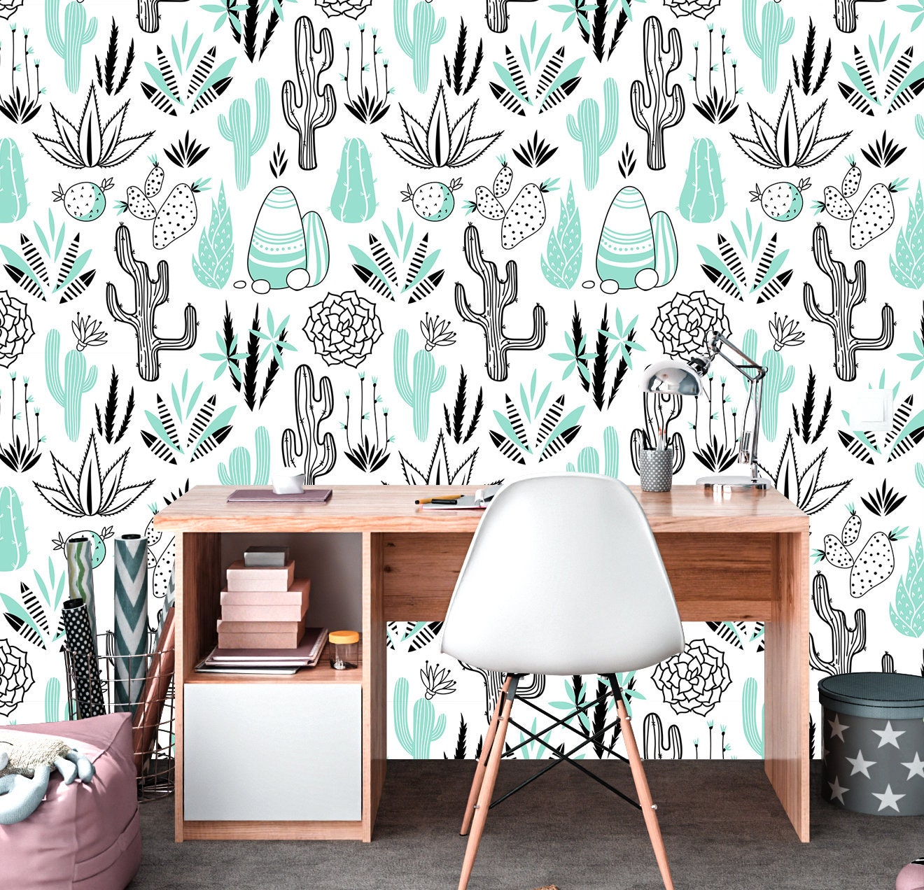 Succulents Wallpaper Peel and Stick, Cactus Wallpaper, Desert Wallpaper, Removable Wall Paper