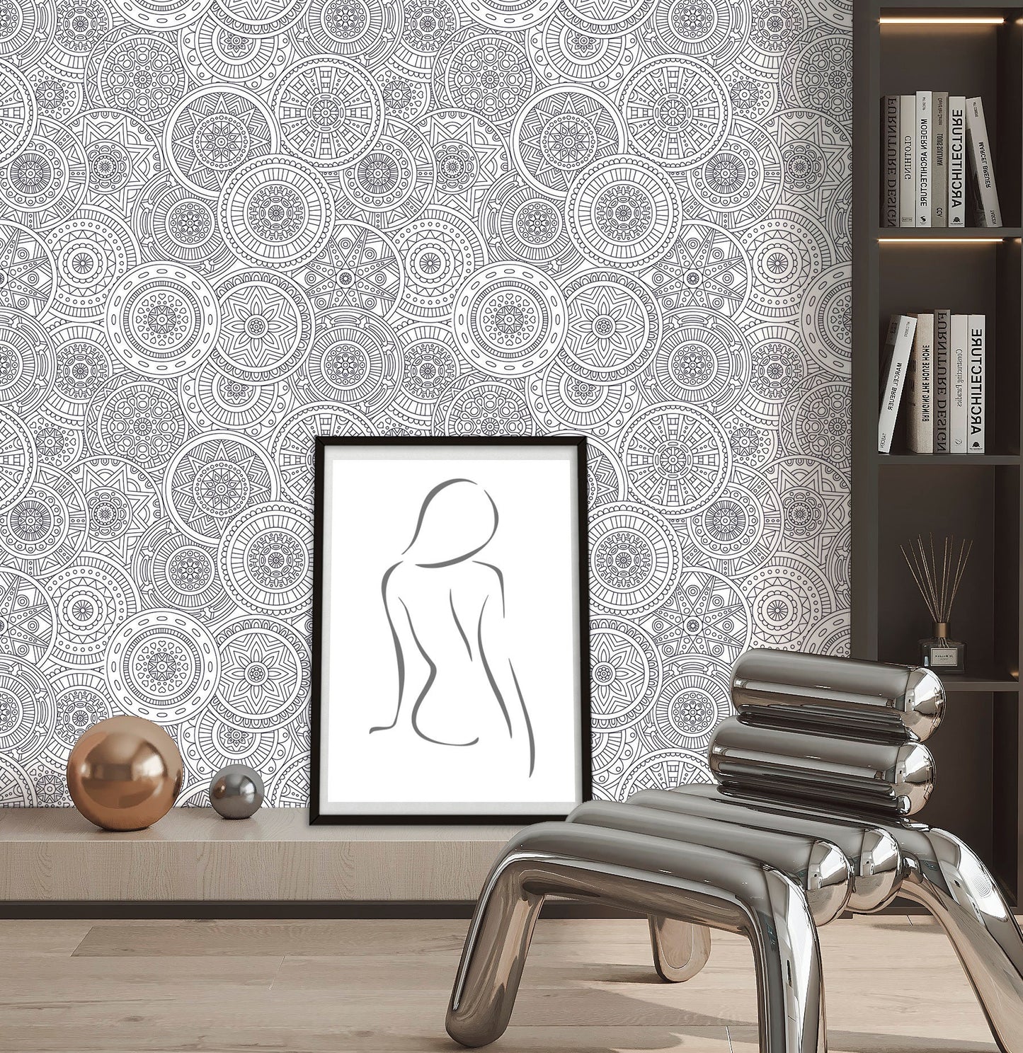 Mandala Wallpaper Peel and Stick, Arabic Wallpaper, Black and White Wallpaper, Removable Wall Paper