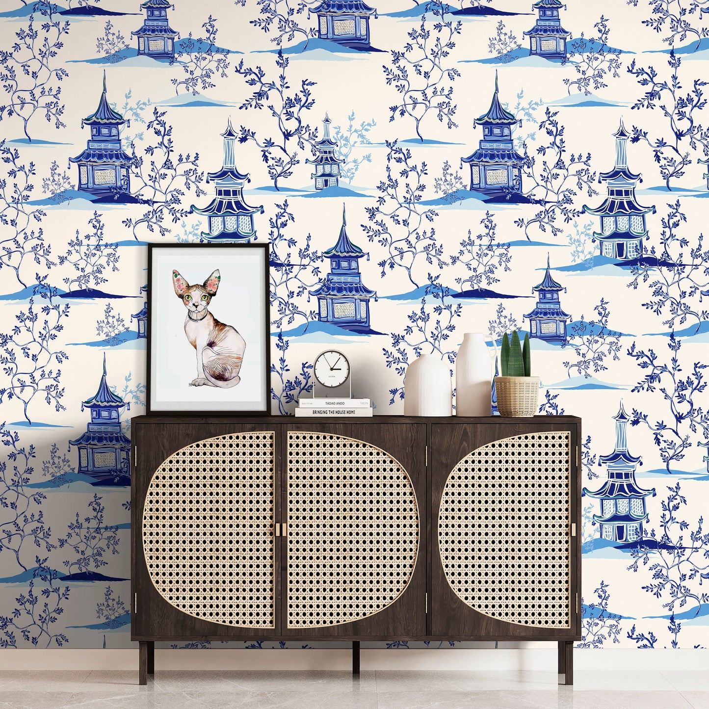 Pagoda Wallpaper Peel and Stick, Chinoiserie Wallpaper, Oriental Wallpaper, Removable Wall Paper