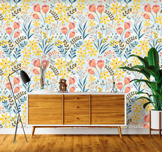 Tulip Wallpaper Peel and Stick, Yellow Floral  Wallpaper, Wildflower Wallpaper, Removable Wall Paper