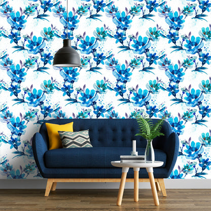 Blue Floral Wallpaper Peel and Stick, Watercolor Wallpaper, Blue and White Wallpaper, Removable Wall Paper