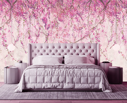 Sakura Wallpaper Peel and Stick, Pink Floral Wallpaper, Concrete Wallpaper, Modern Wallpaper, Removable Wall Paper