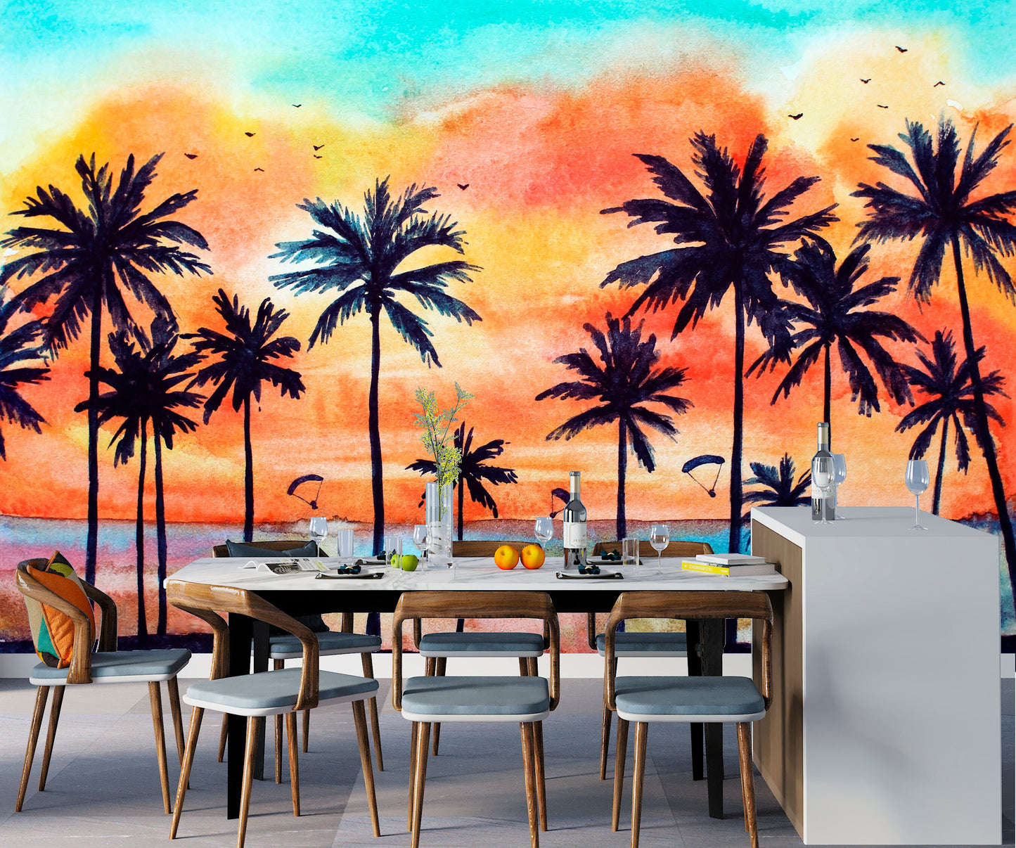 Palm Beach Wallpaper Peel and Stick, Sunset Wallpaper, Watercolor Wallpaper, Removable Wall Paper