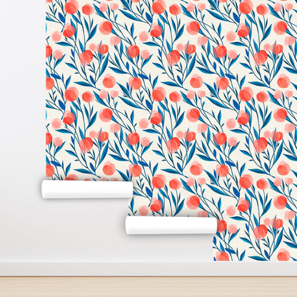 Red Tulips Wallpaper Peel and Stick, Blue Leaves Wallpaper, Removable Wall Paper